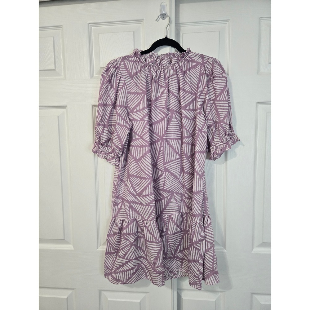 Stella + Gemma Lilac Geometric 100% Linen Ruffle Neck Puff Sleeve Mini Dress 10